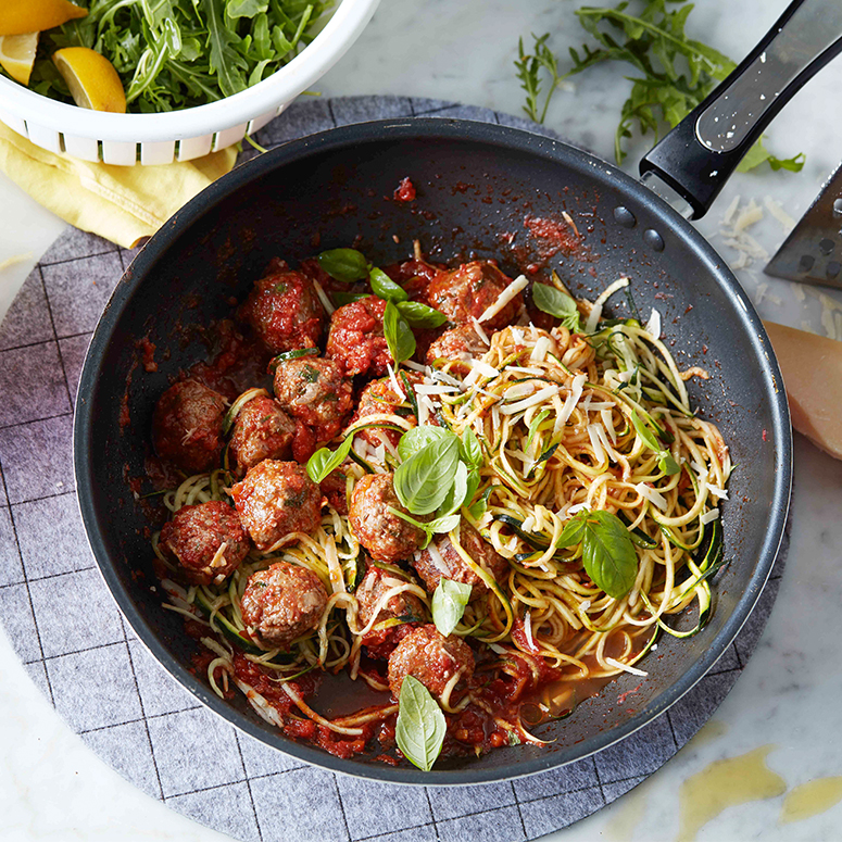 Meatballs and zucchini noodles (“zoodles”)
