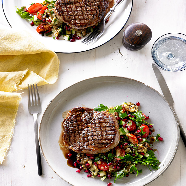 Grilled Scotch fillet with smoky eggplant salad
