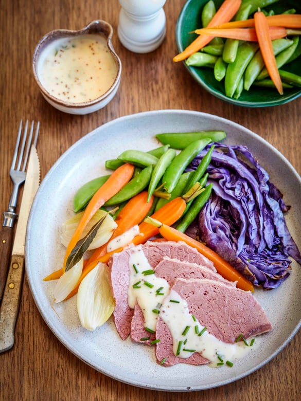 Traditional corned beef with mustard sauce and vegetables recipe ...